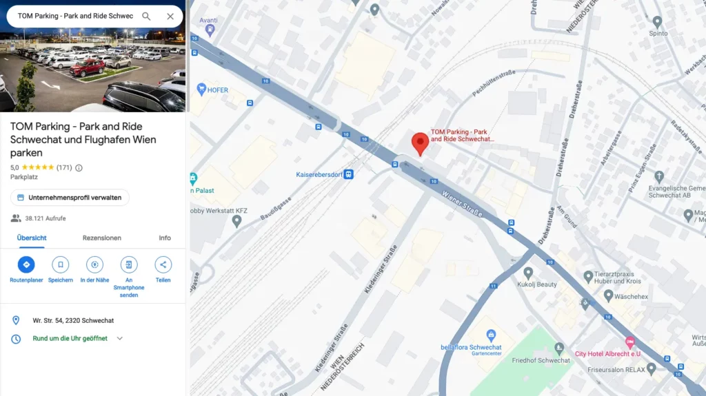 Flughafen Wien parken - Landkarte mit dem Parkplatz von TOM Parking