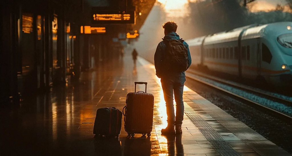 Ein Mann, der am Bahnhof steht und mit dem Zug zum Flughafen Wien reist.