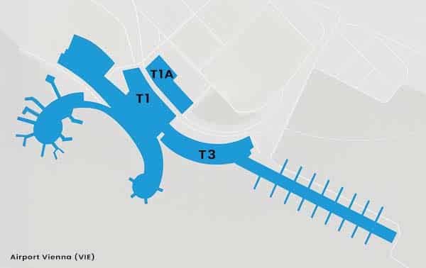 Karte der Terminals T1, T1A und T3 am Flughafen Wien Schwechat (VIE) – grafische Übersicht der Terminal-Struktur